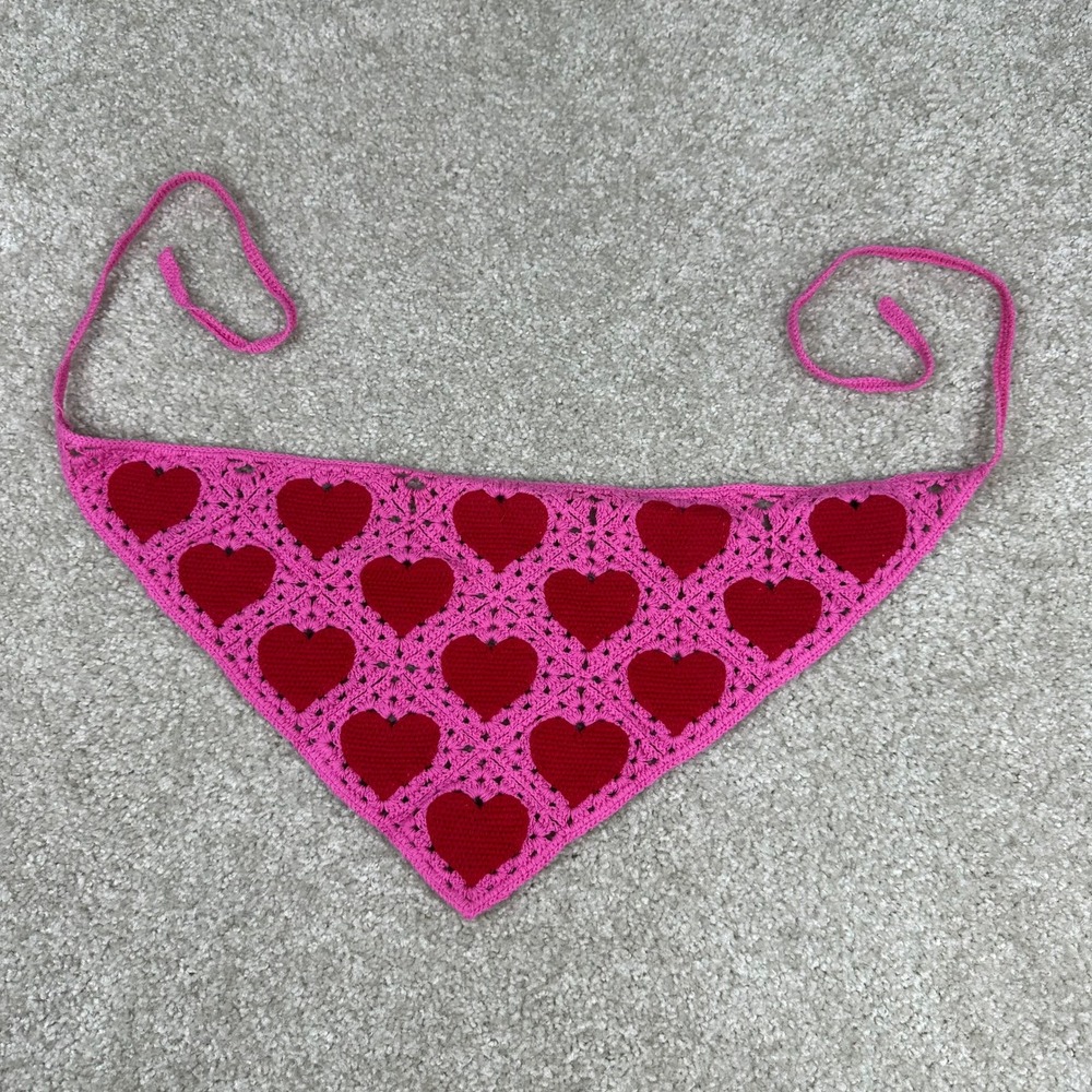 Crochet Heart Bandana Hair Scarf Pink Red Boho Coquette Cottagecore